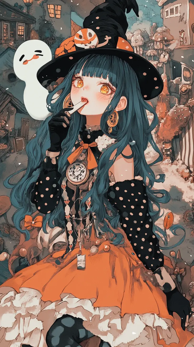 幽霊のキャンディランドでナイフを舐めるアニメ少女