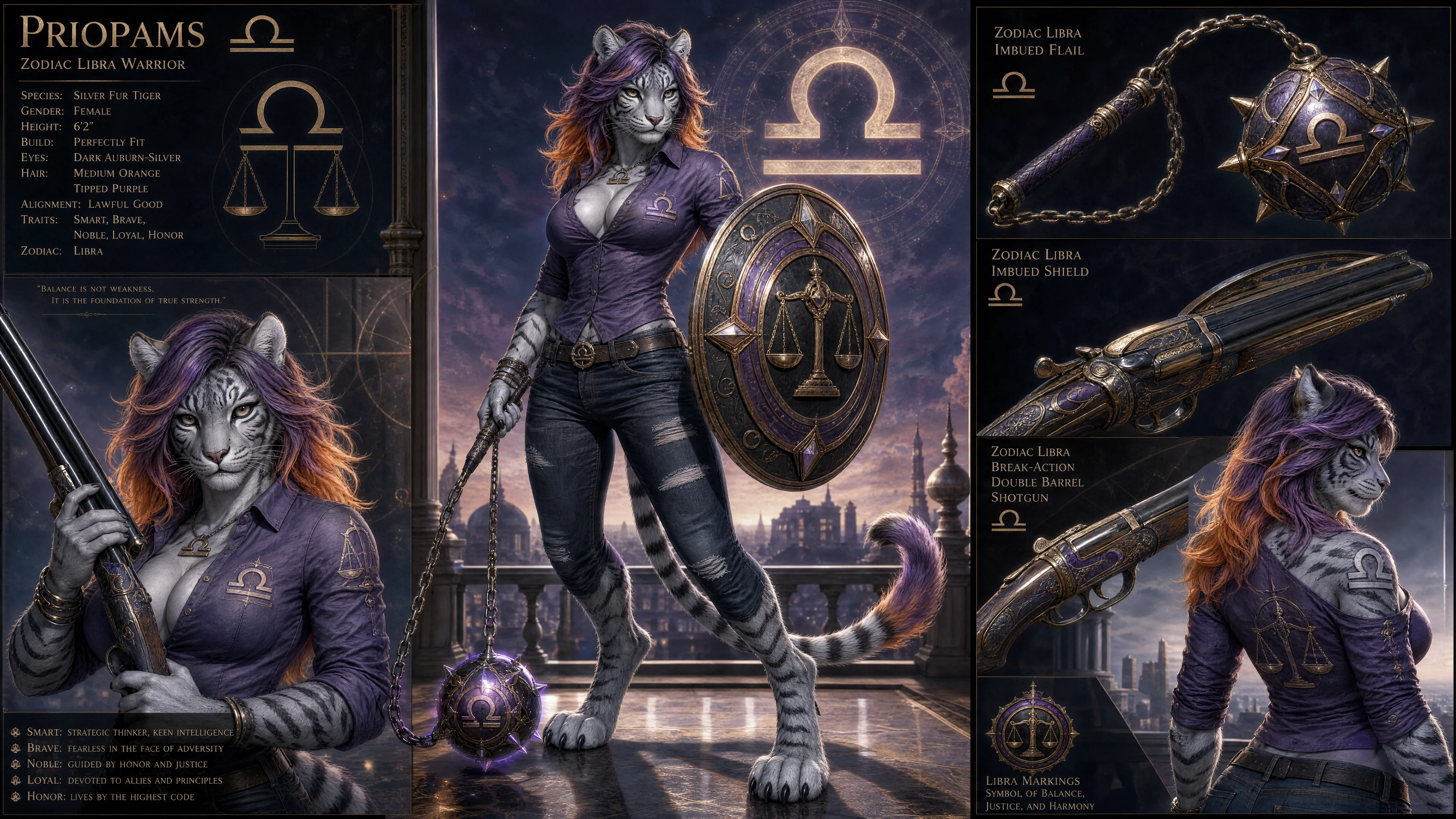 Anthro silver tiger woman with libra weapon and shield