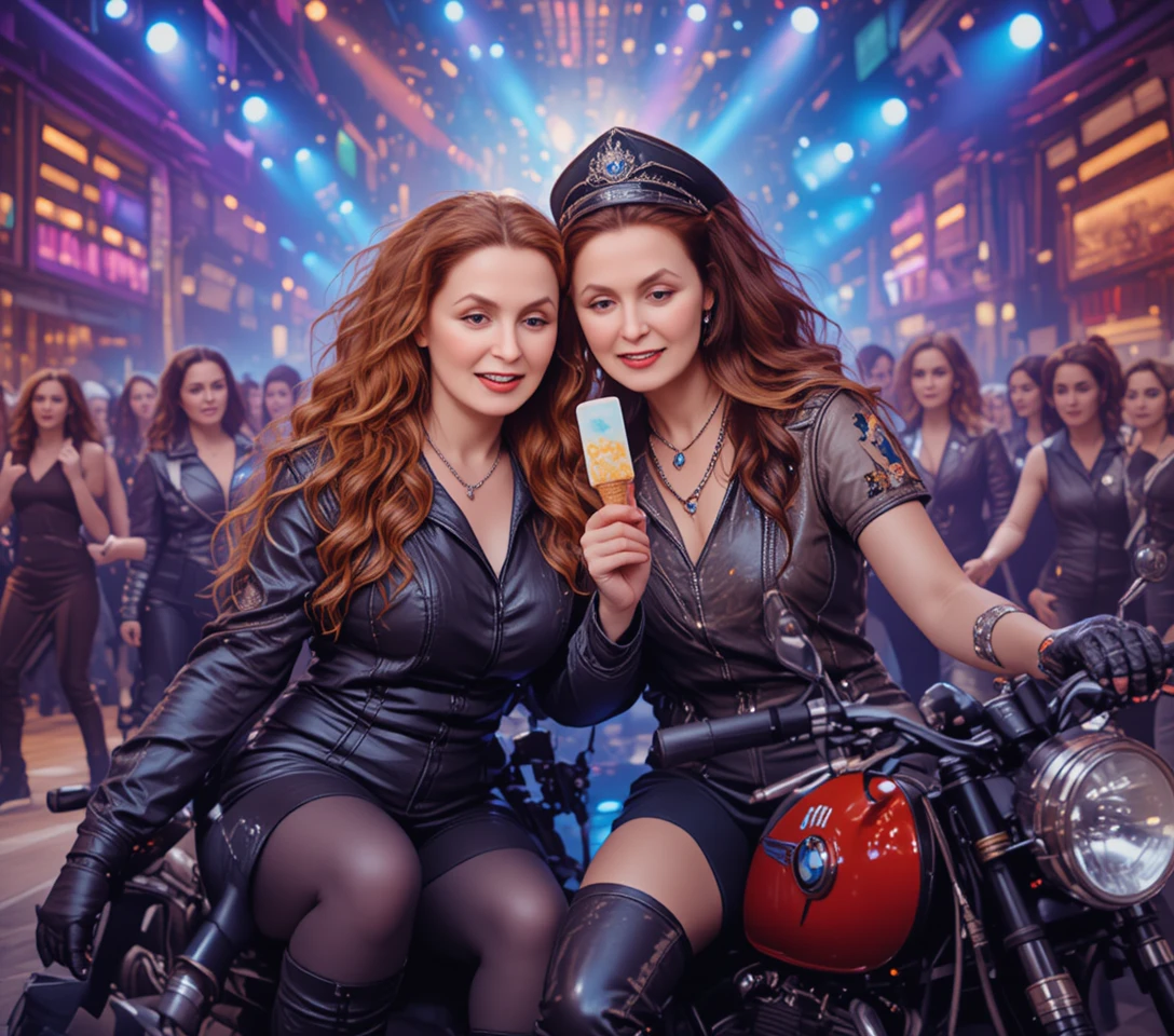 Two glamorous women sharing ice cream on bmw motorbikes