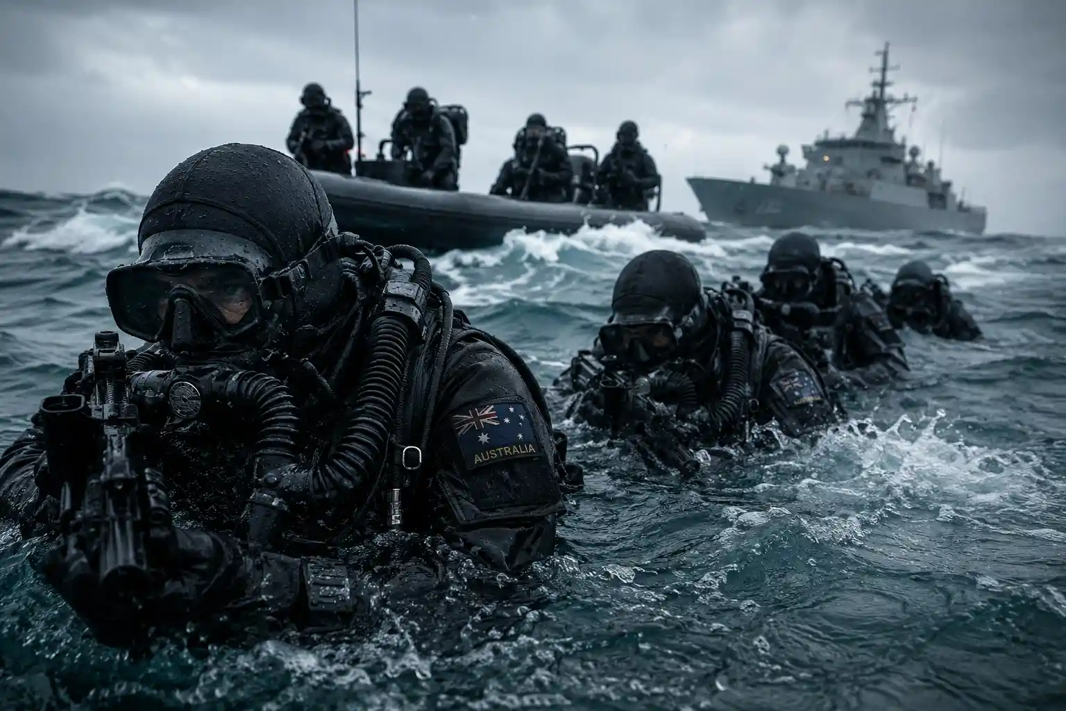 Military divers training in rough open sea waters
