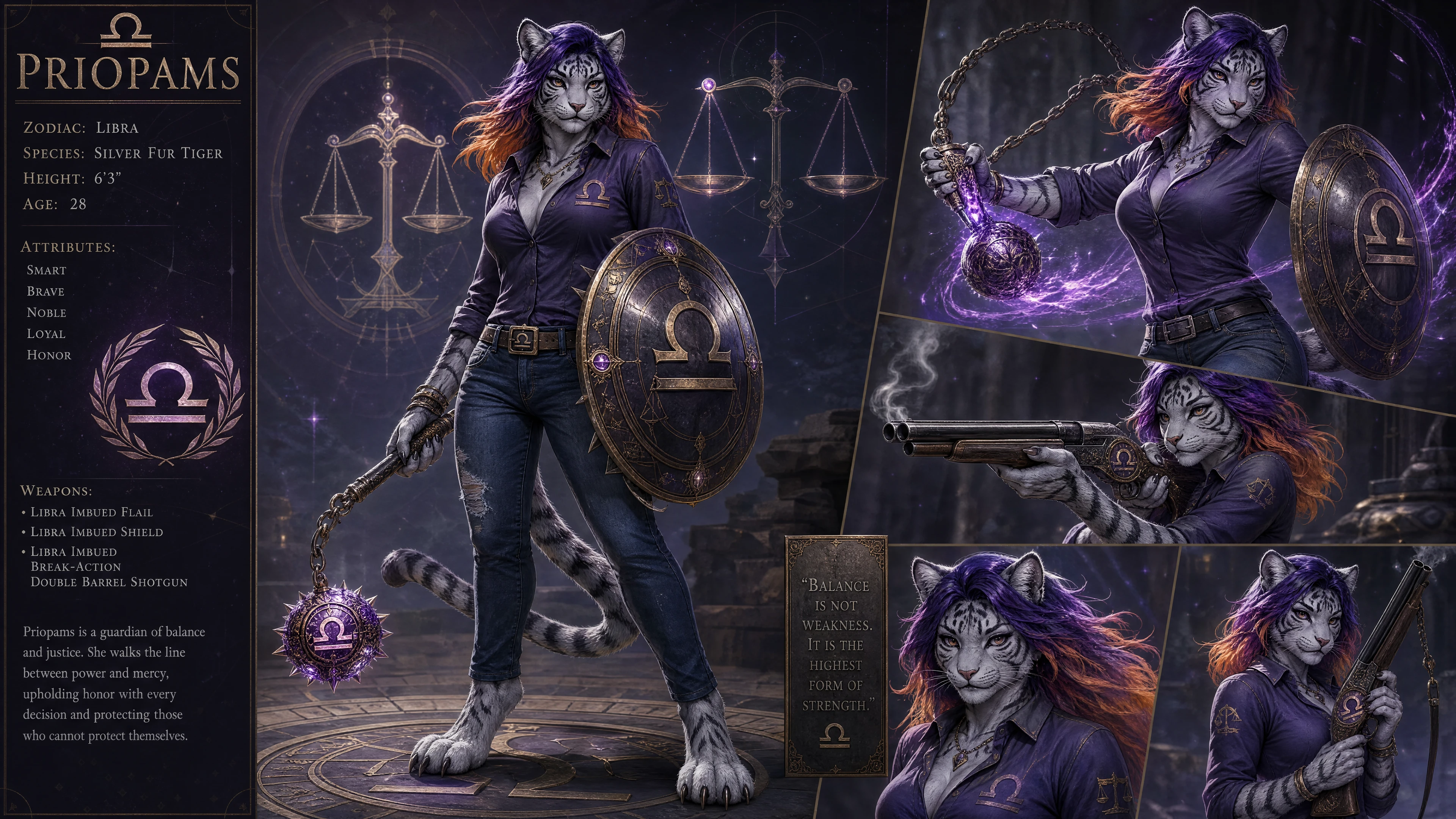 Anthro silver tiger warrior girl with flail and shield