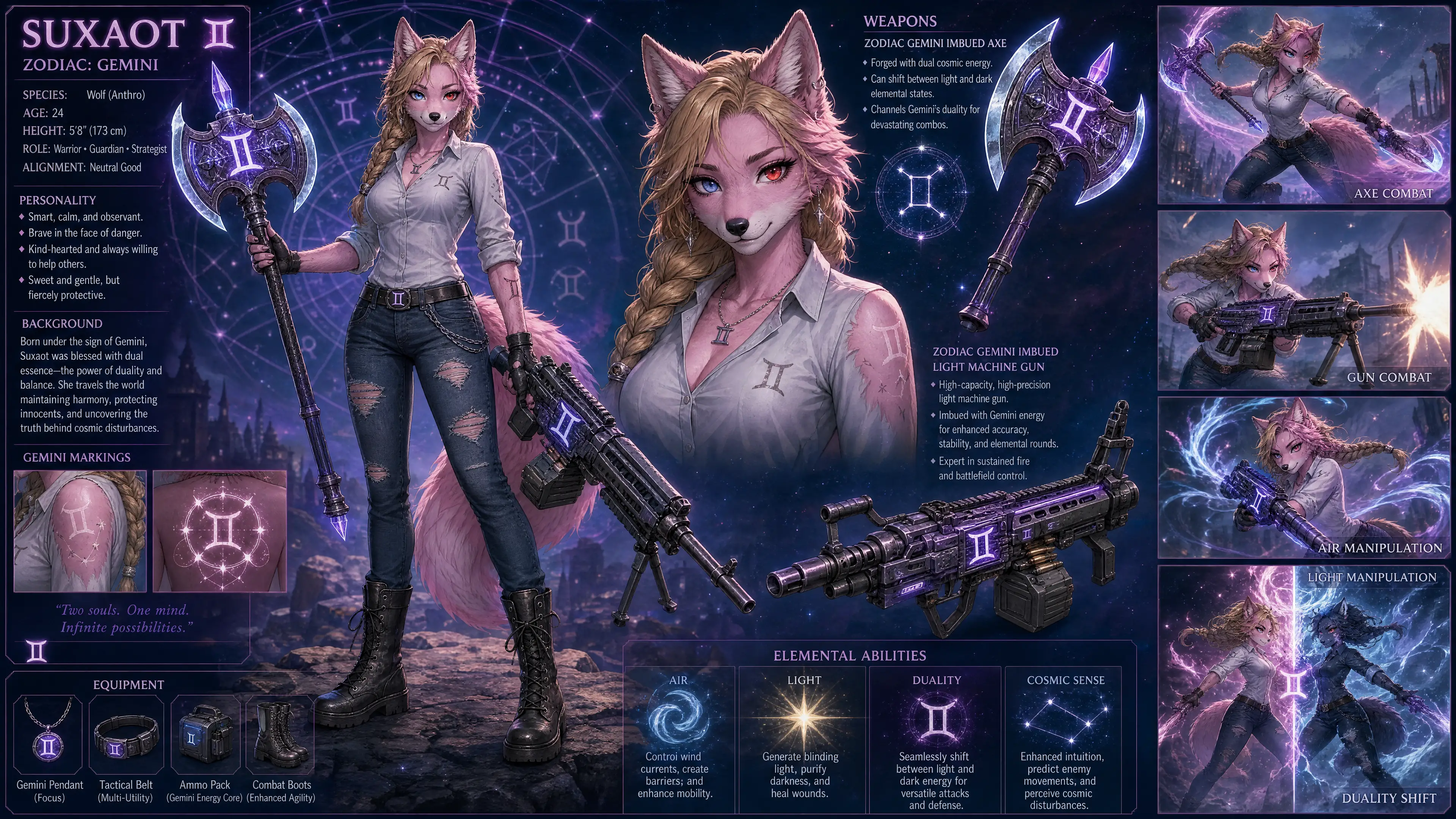 Anthro pink wolf warrior girl with gemini markings