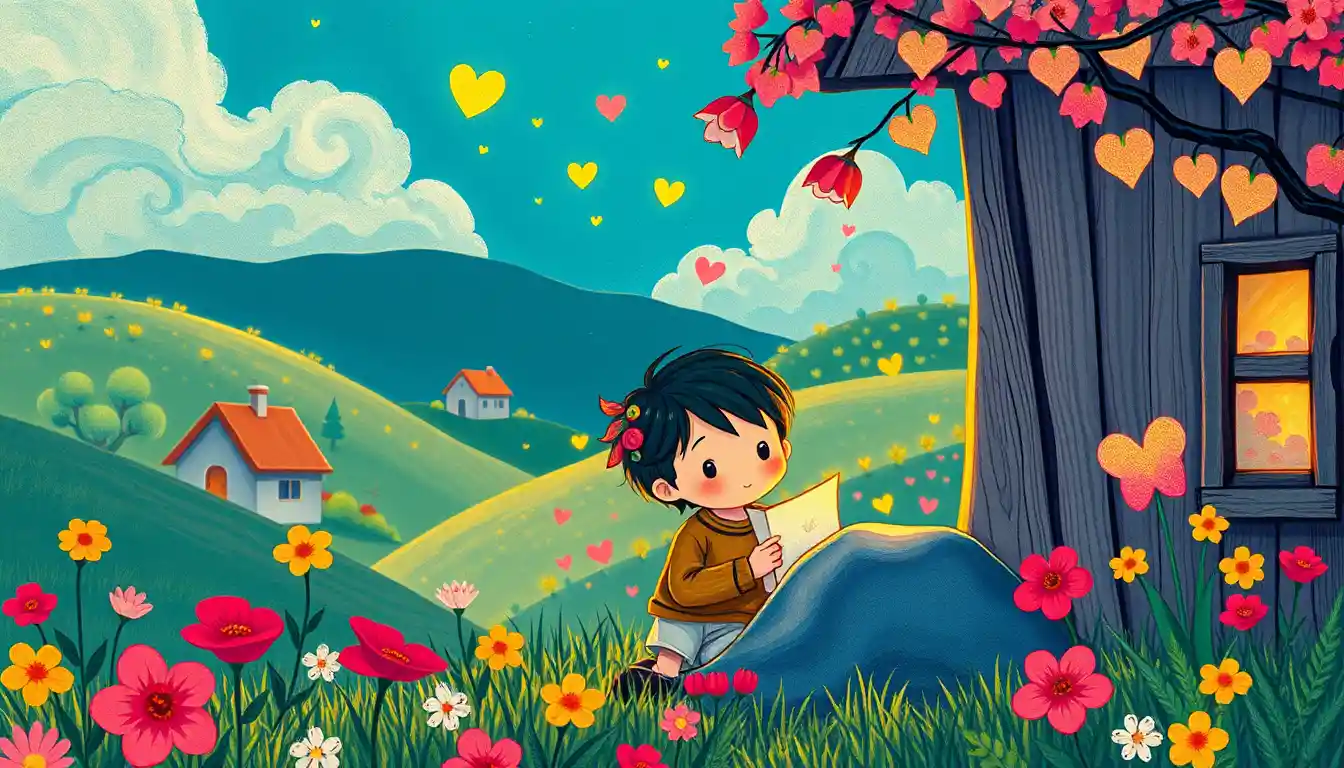 Colorful fantasy village with a boy and his mother