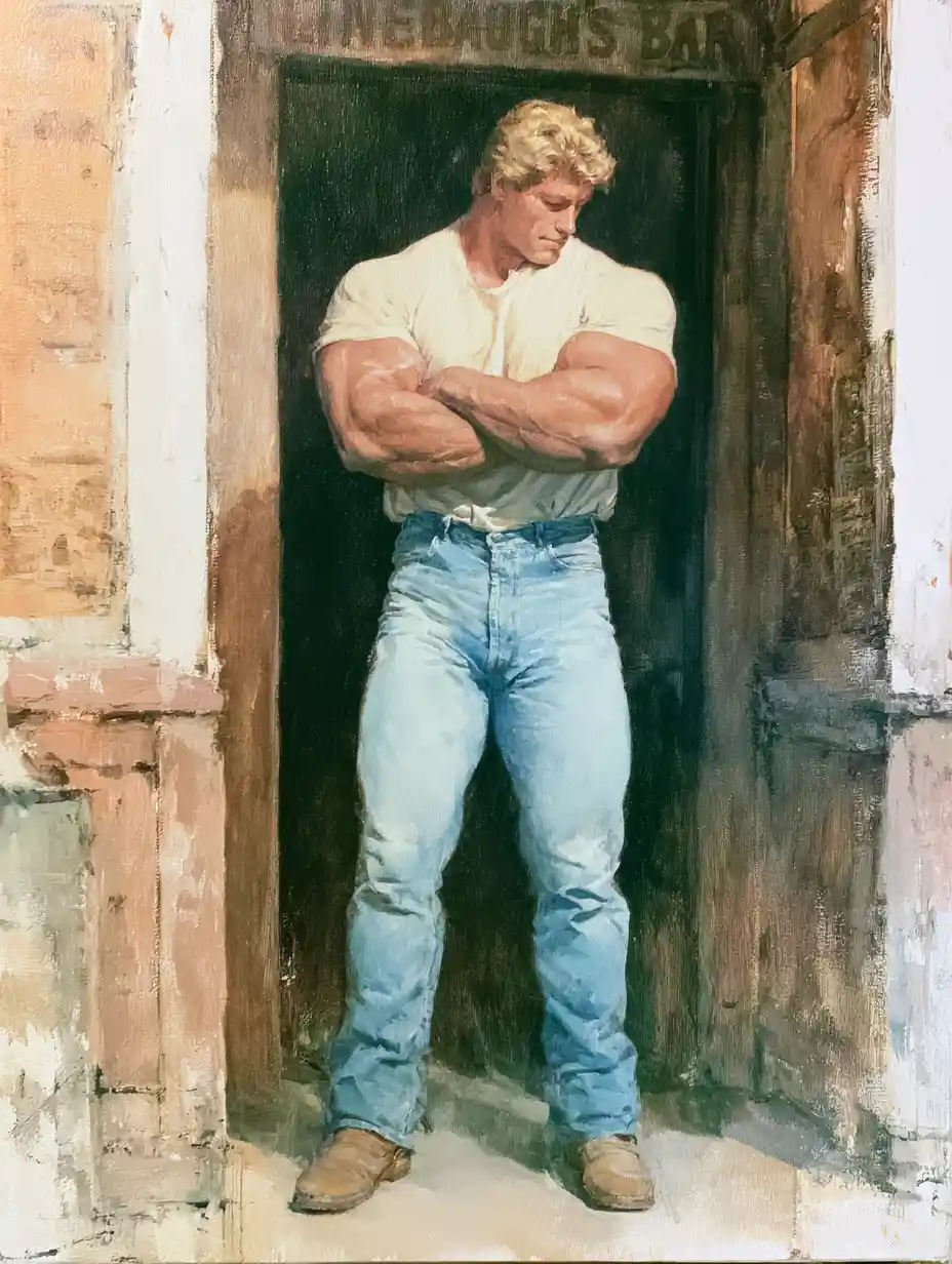 Muscular man in jeans outside a worn urban bar entrance
