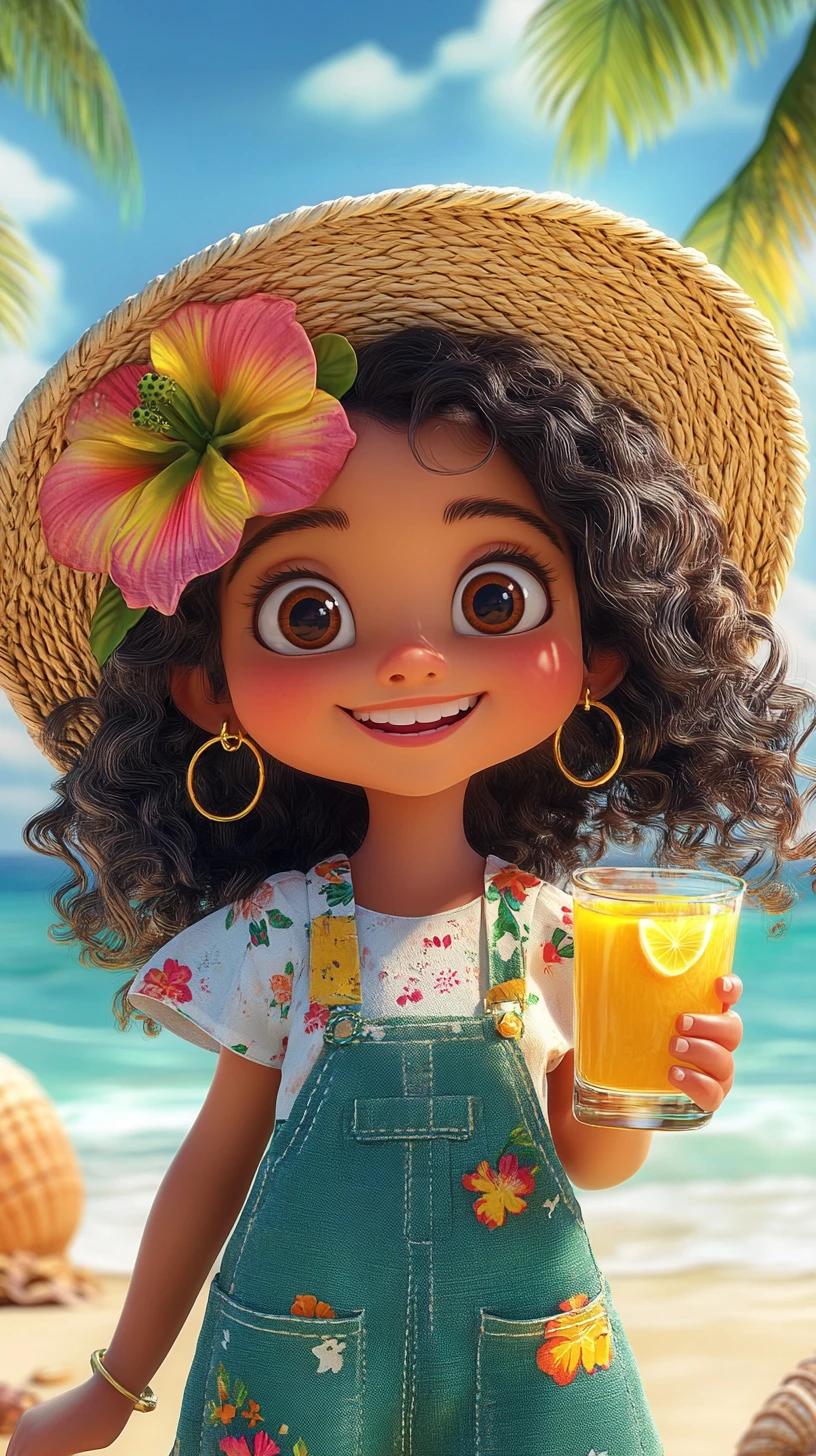 Joyful little girl on a sunny tropical beach illustration