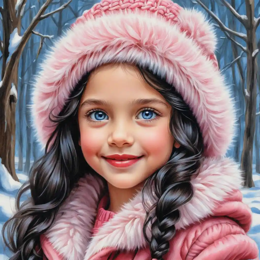 Smiling Winter Girl In Pink Fur Coat And Hat Portrait