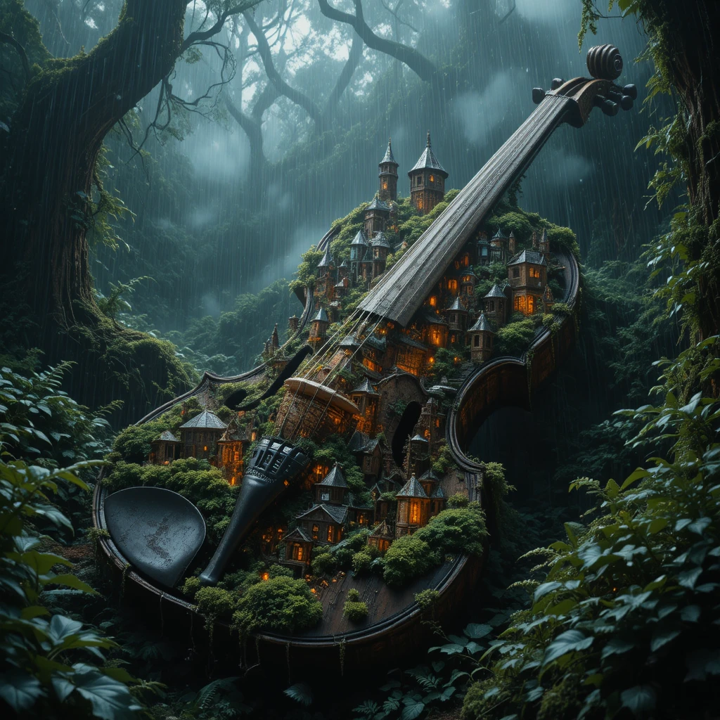Ancient Moss Covered Violin Holding A Glowing City
