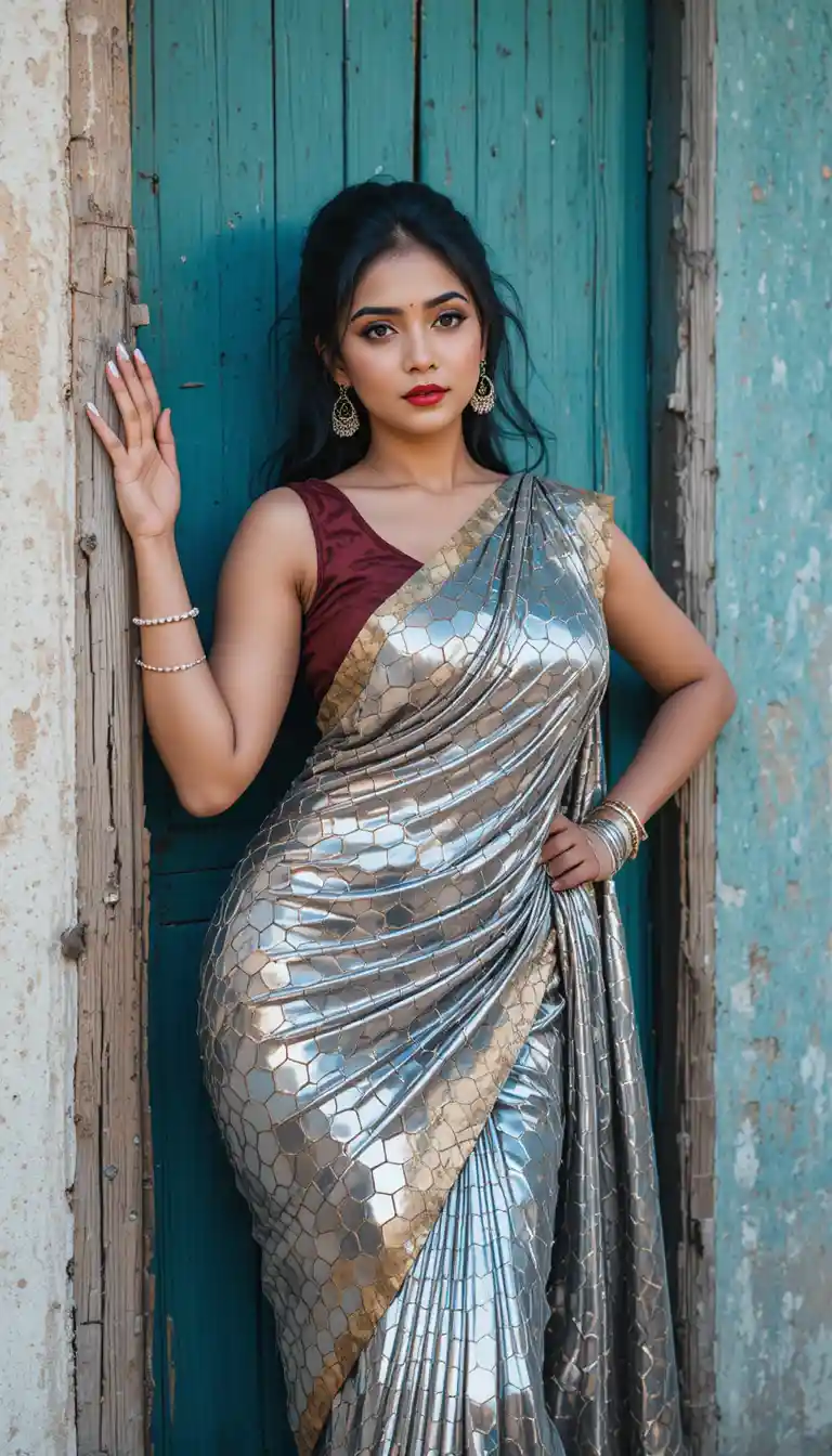 Bengali woman in glossy saree leaning by wooden doorway