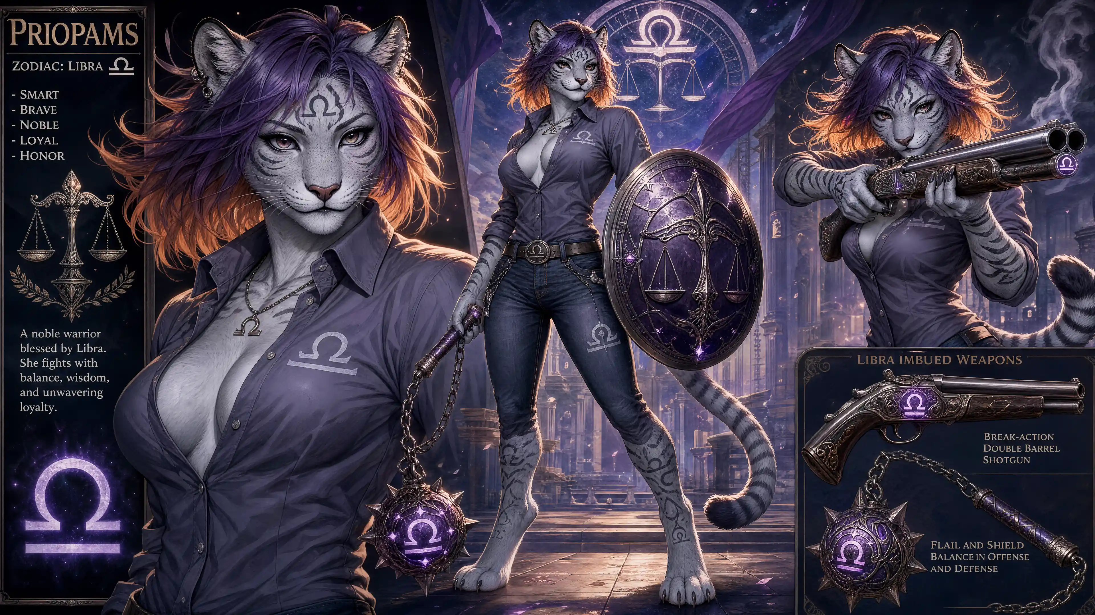 Anthro silver tiger woman with Libra weapon and shield