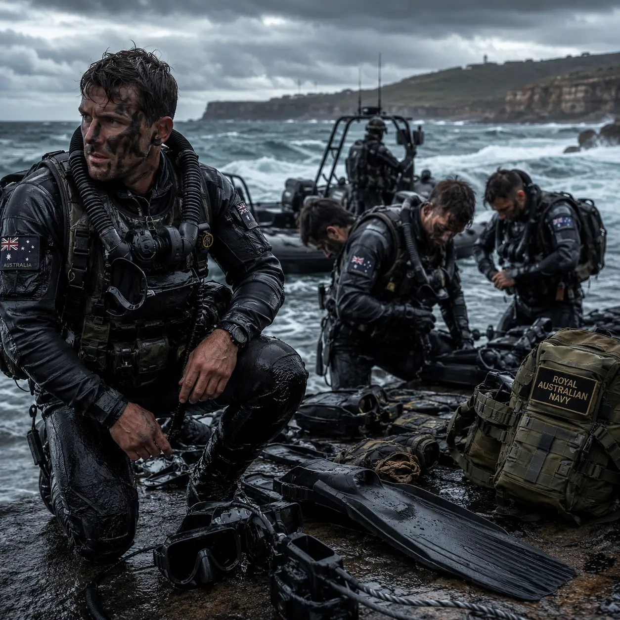 Australian naval divers training in a rough turbulent sea