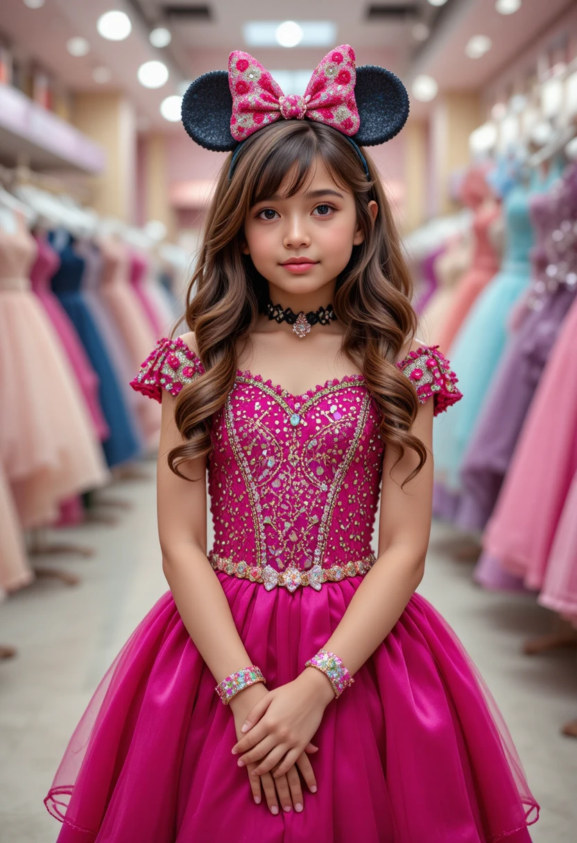 Embarrassed young girl in pink Minnie dress at boutique