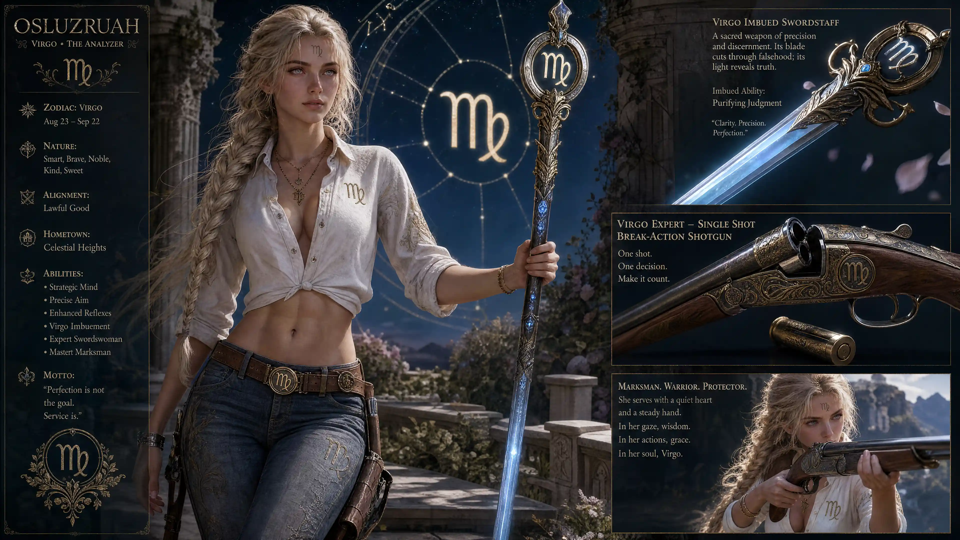 Blonde warrior woman with virgo markings and swordstaff