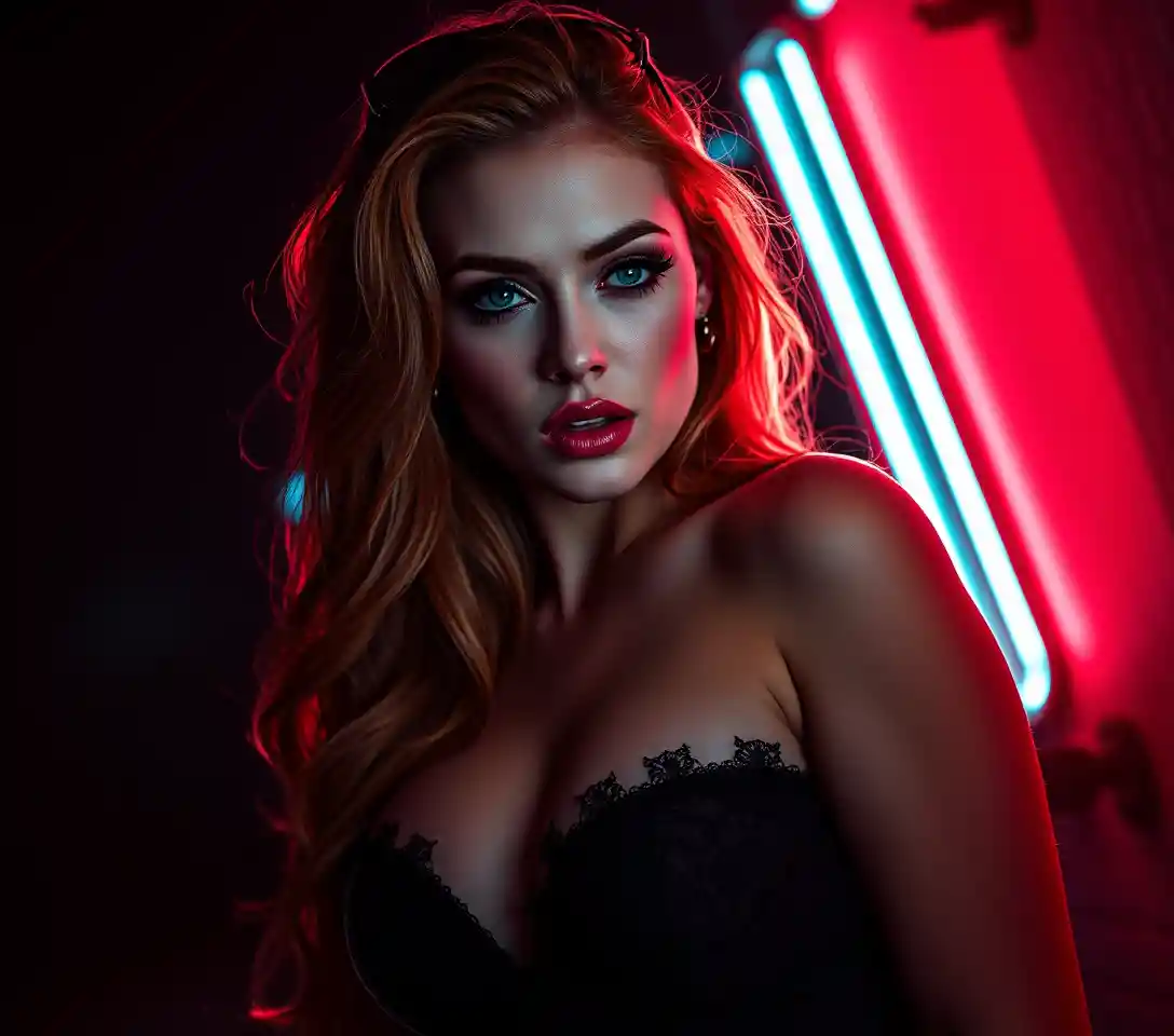 Surreal neon city woman in a dark seductive night scene