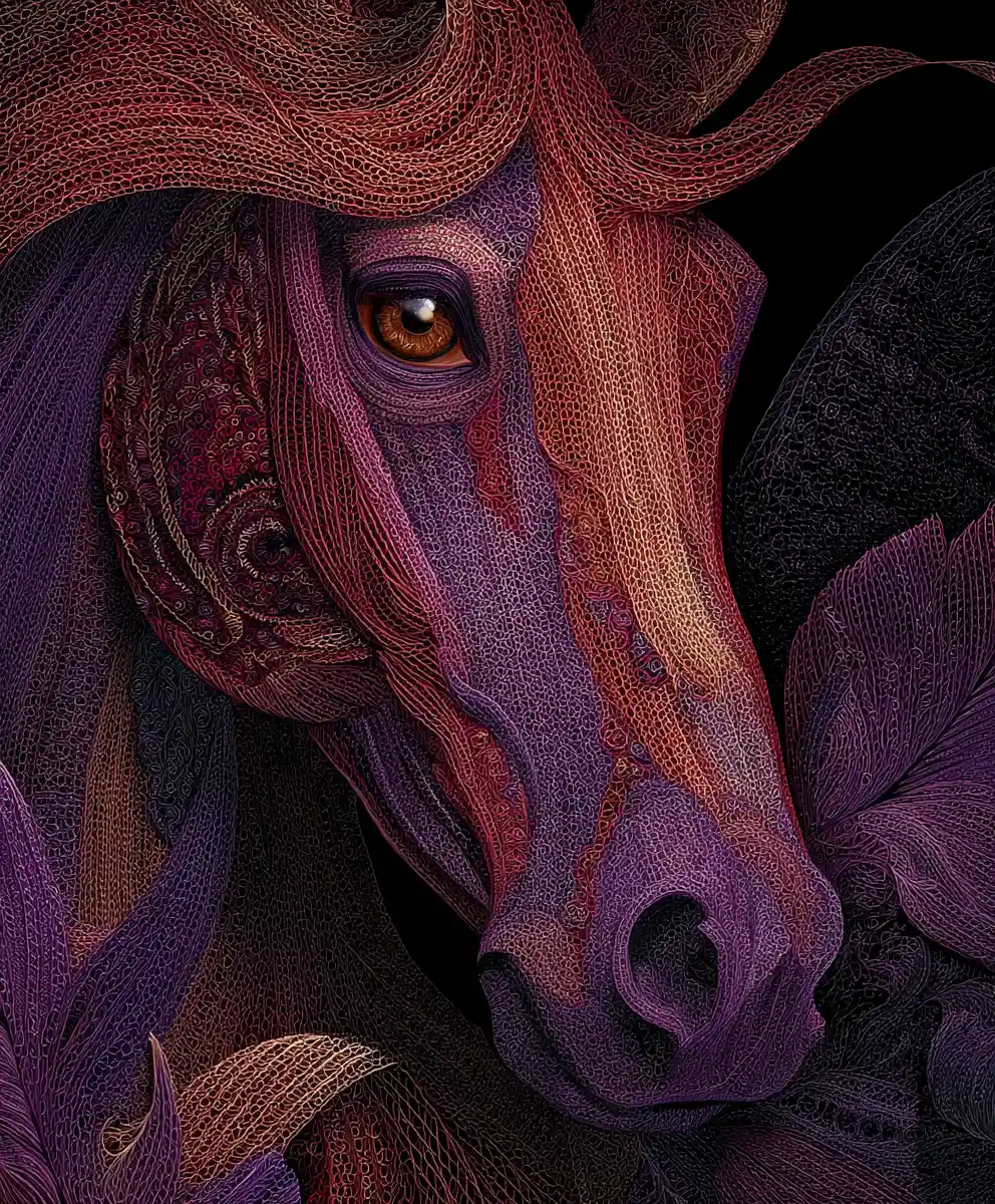 Surreal wild horses in a dark melancholic dreamscape