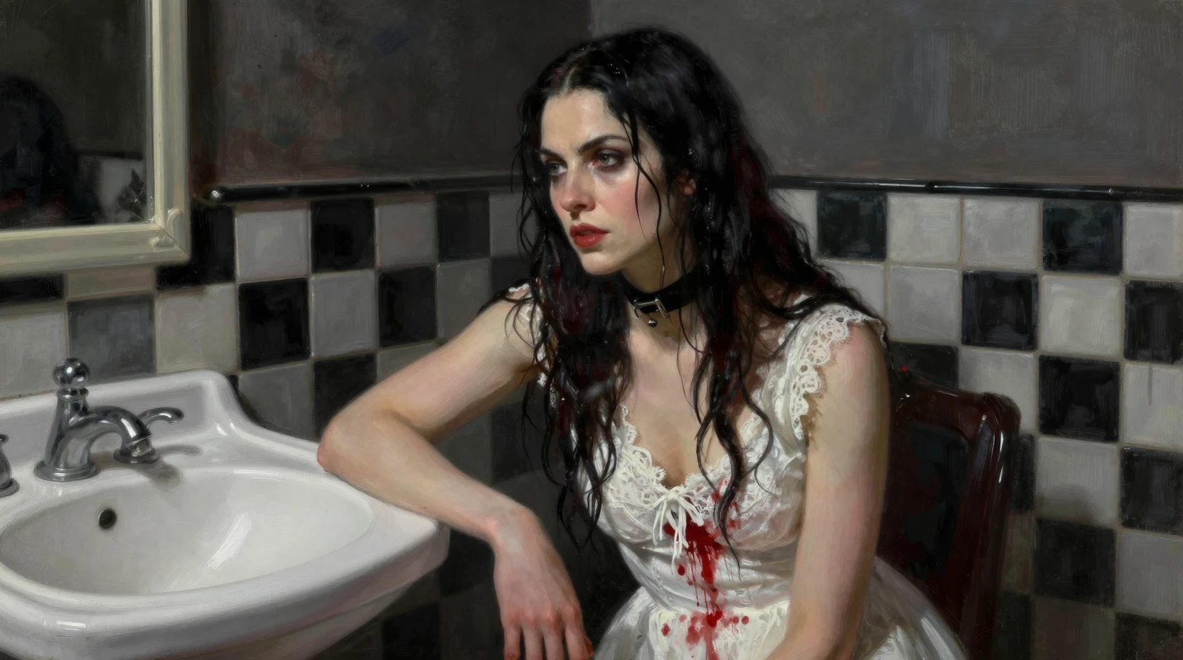 Vampire woman in stained white dress in dim bathroom
