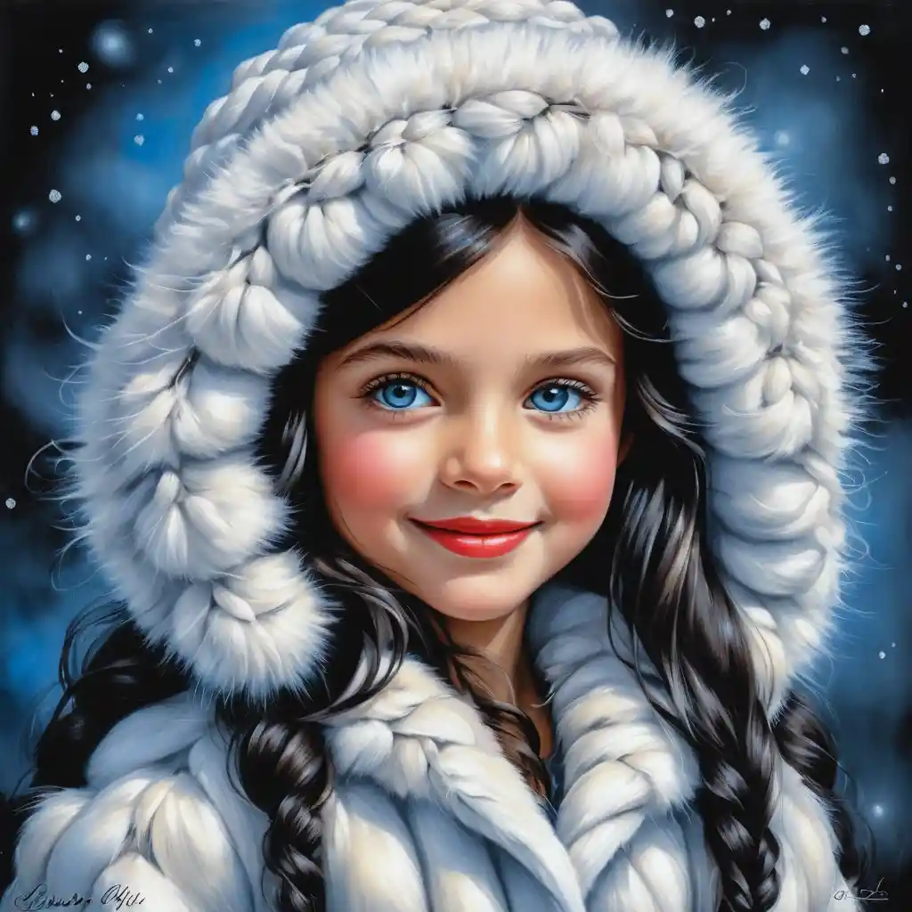 Smiling winter girl with long black braid in white fur