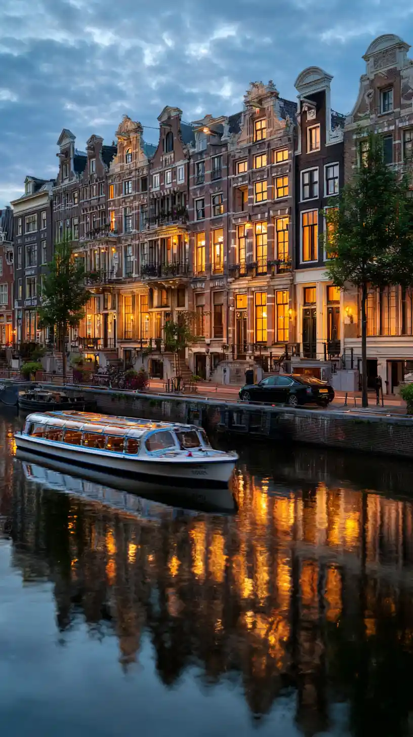Twilight canal houses reflected in calm city waterway