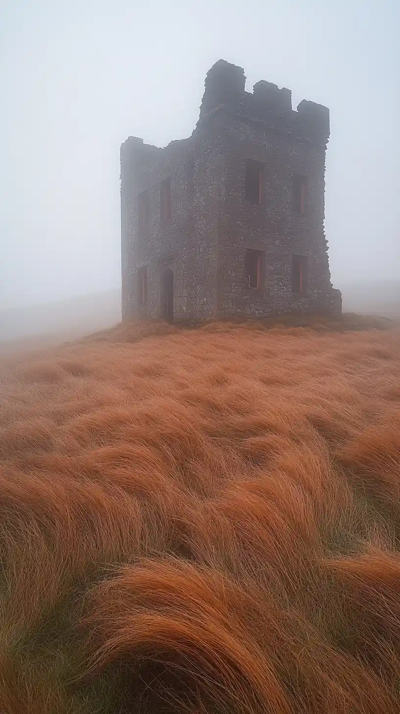 Foggy meadow with abandoned stone chapel at dawn