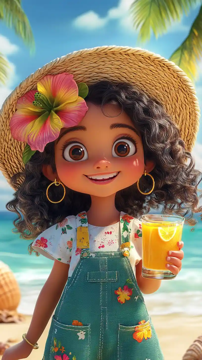 Joyful little girl on a sunny tropical beach illustration