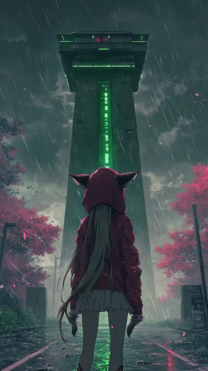 Anime girl before a glowing tower with pink storm trees