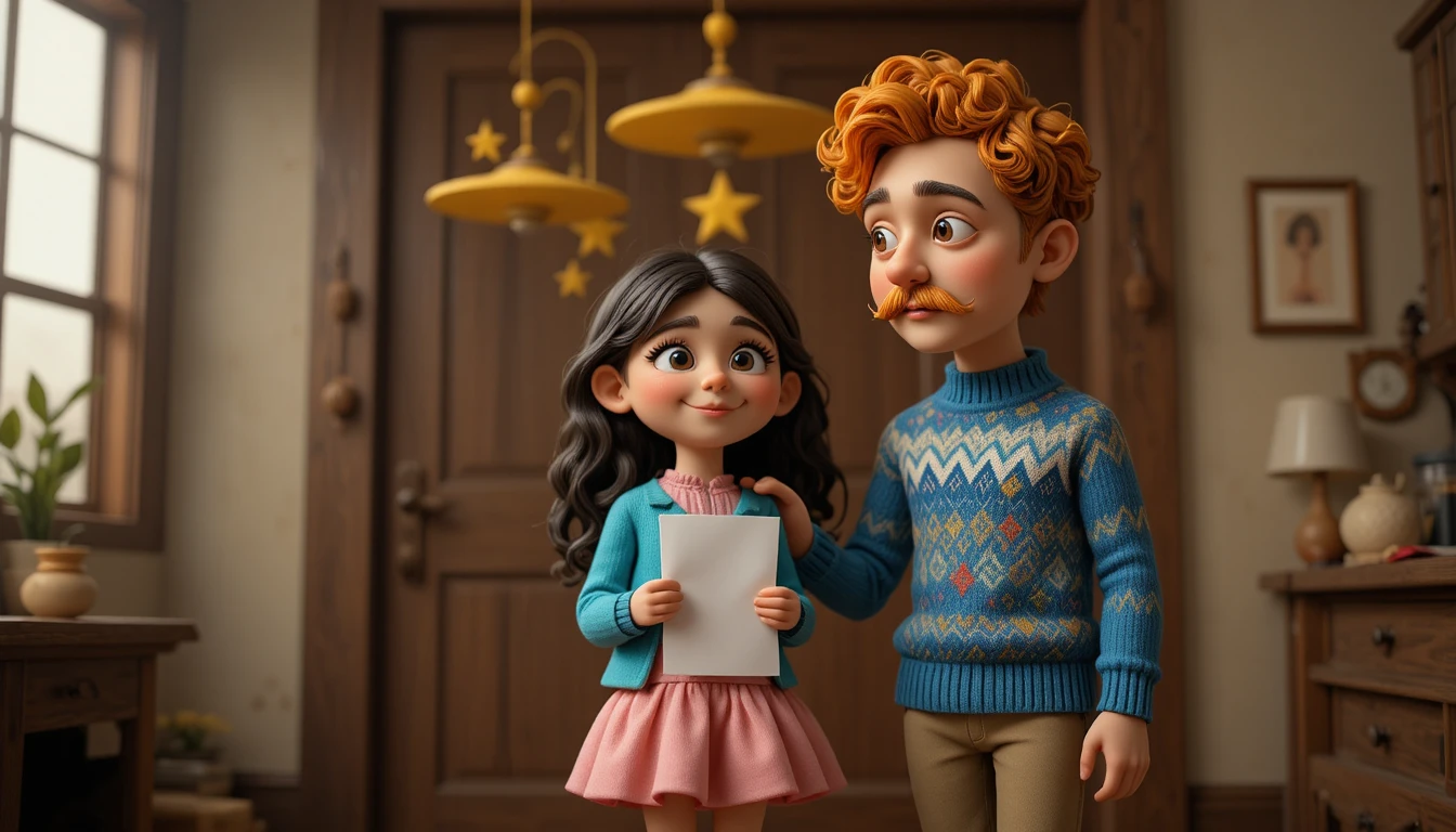 Claymation father and daughter in a warm indoor scene
