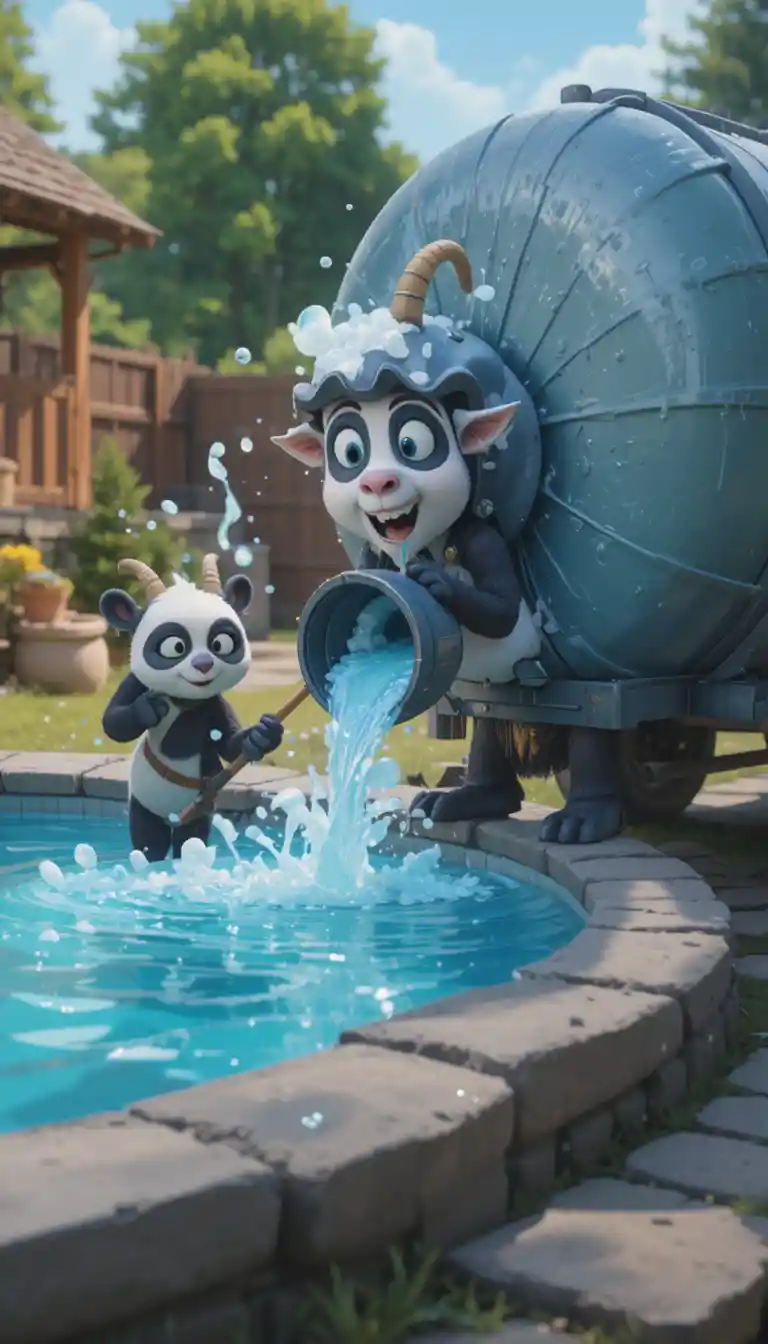 Mischievous goat draining a backyard pool with water pump