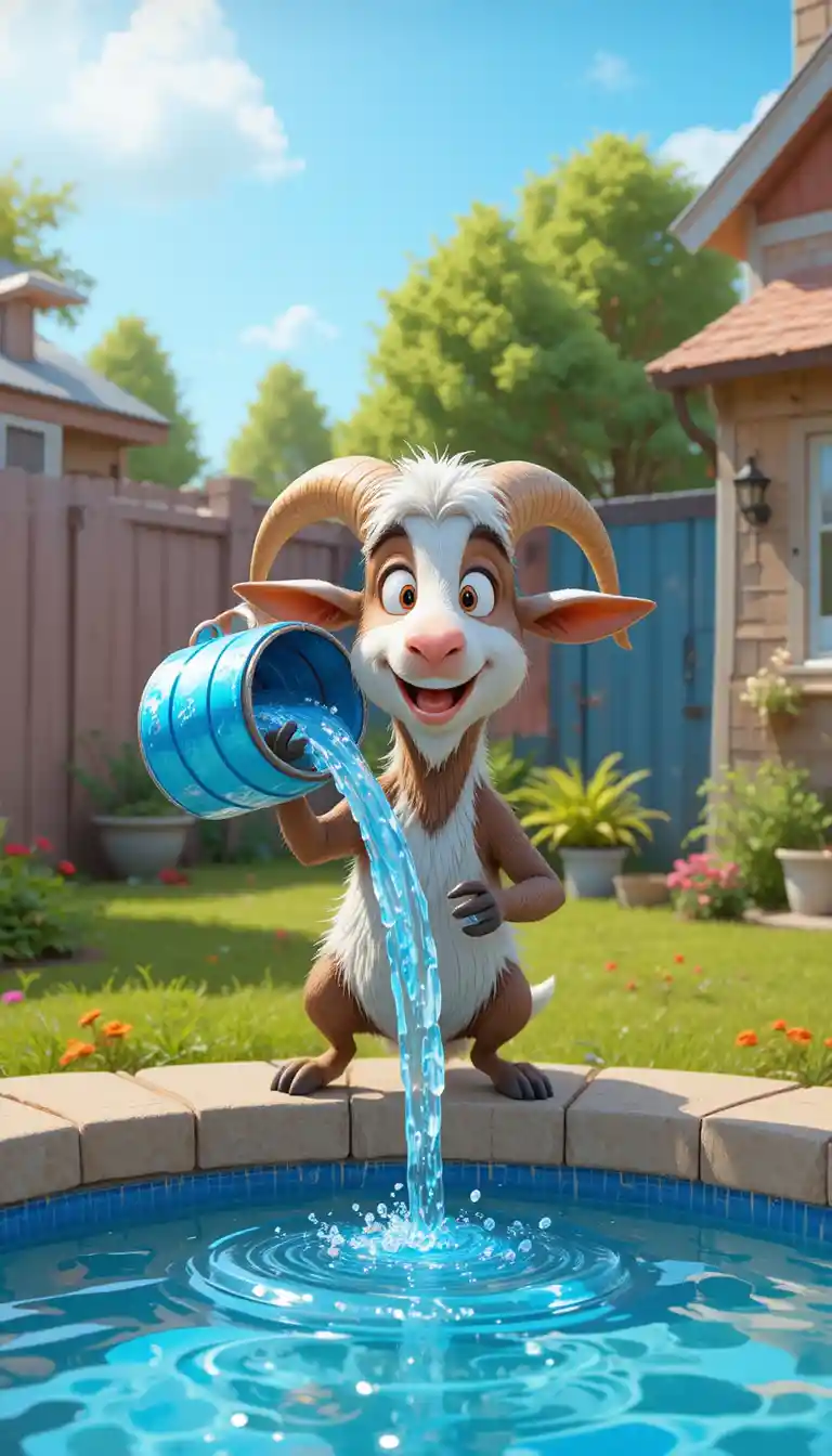 Joyful goat filling a new backyard swimming pool