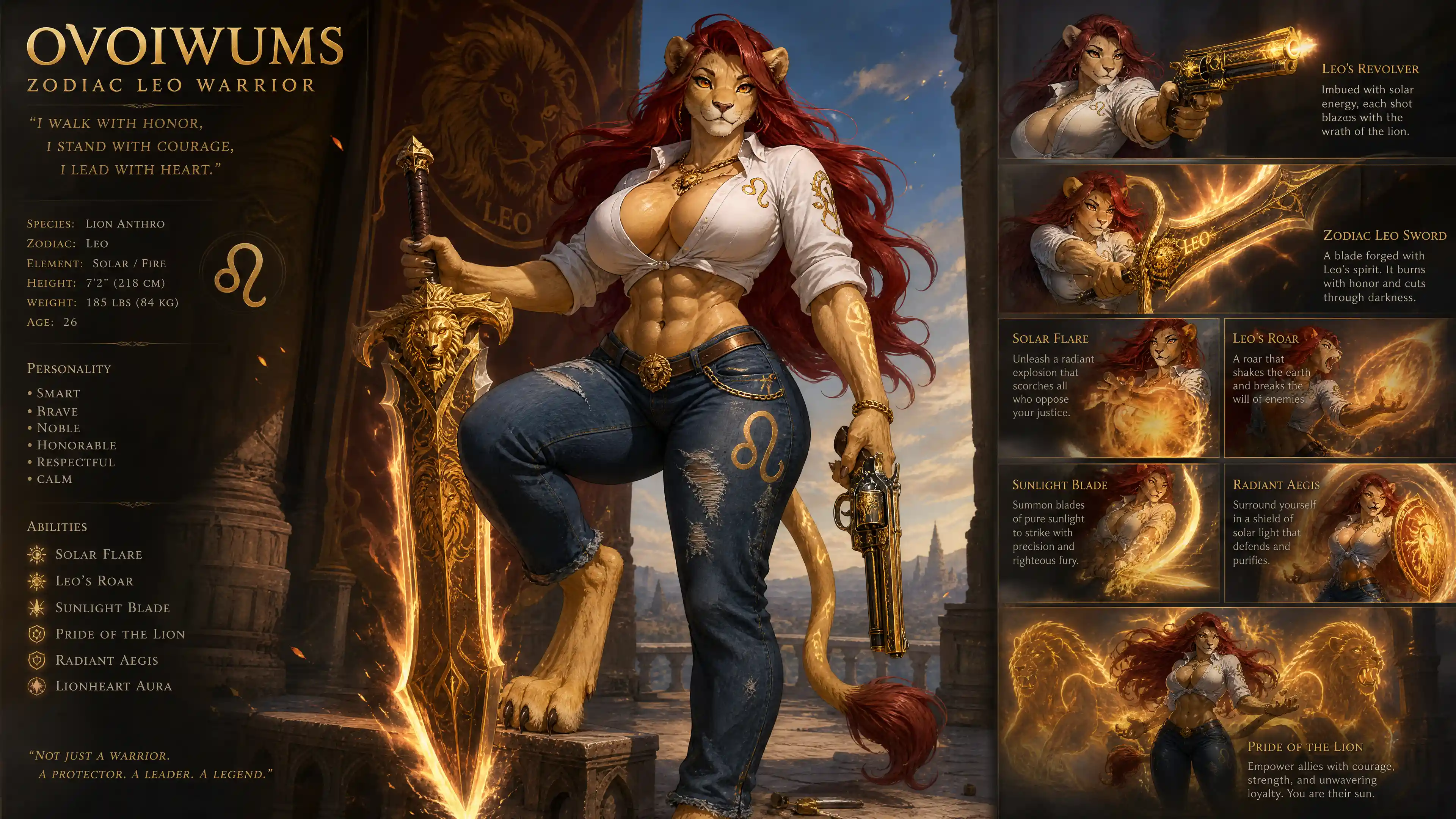 Anthro lion warrior woman with sword and revolver