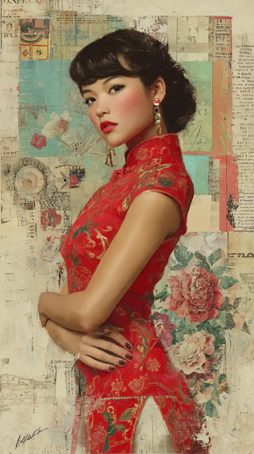 Elegant opera inspired woman in red with abstract florals