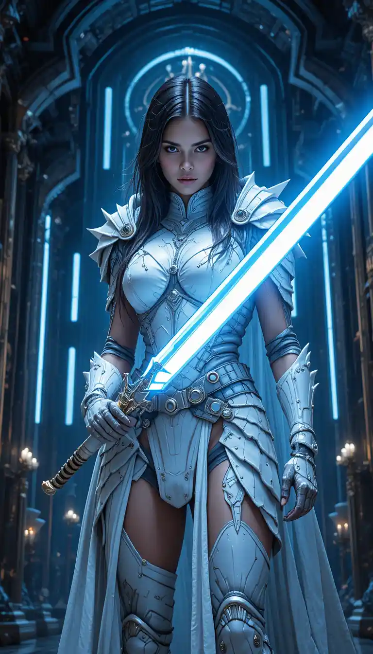 Fierce brunette warrior woman with glowing sci fi sword