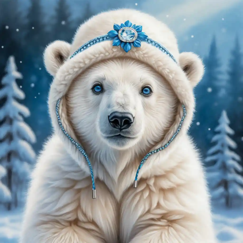 Cute polar bear cub in winter hat colored pencil drawing