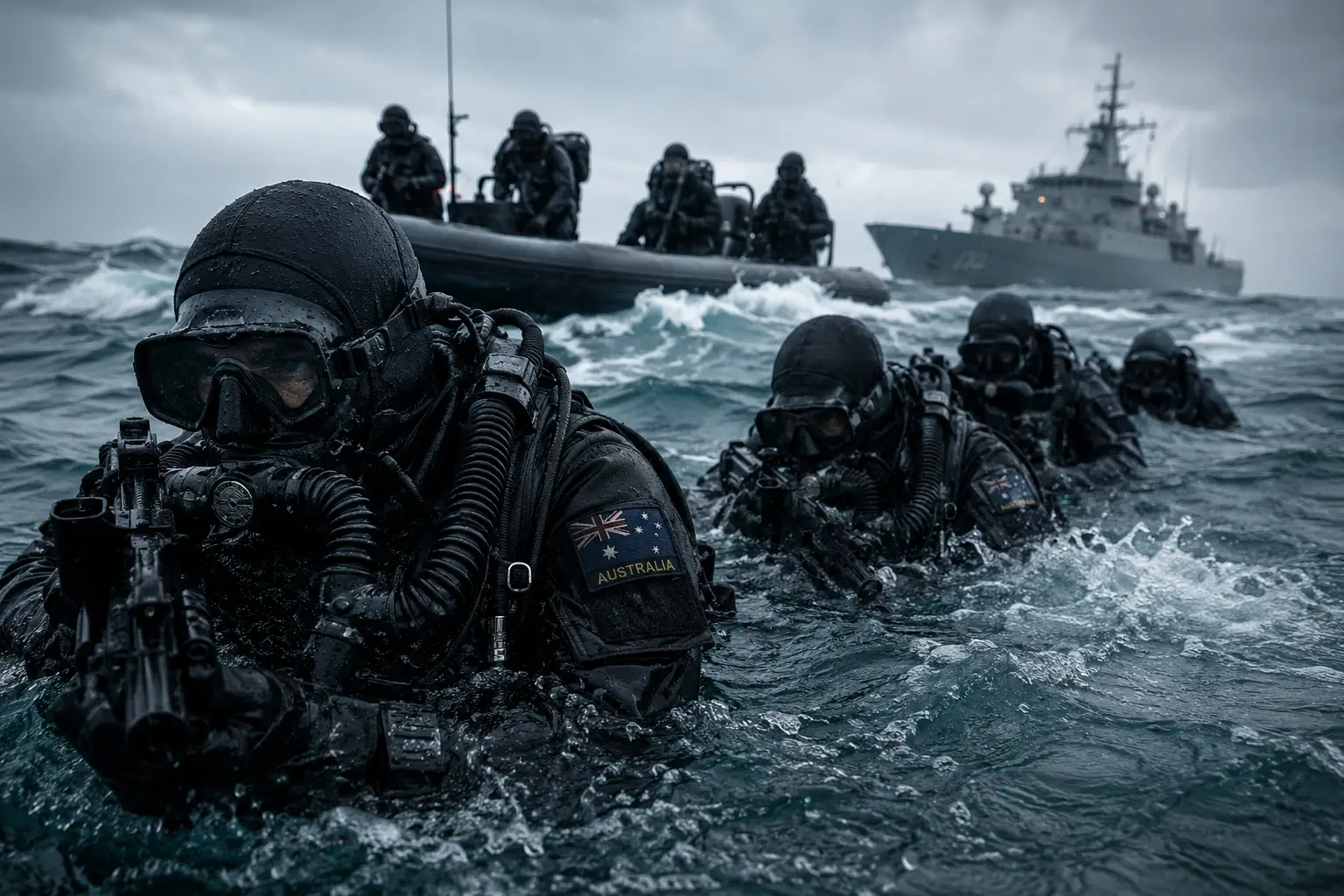 Sommozzatori militari in addestramento nel mare aperto agitato