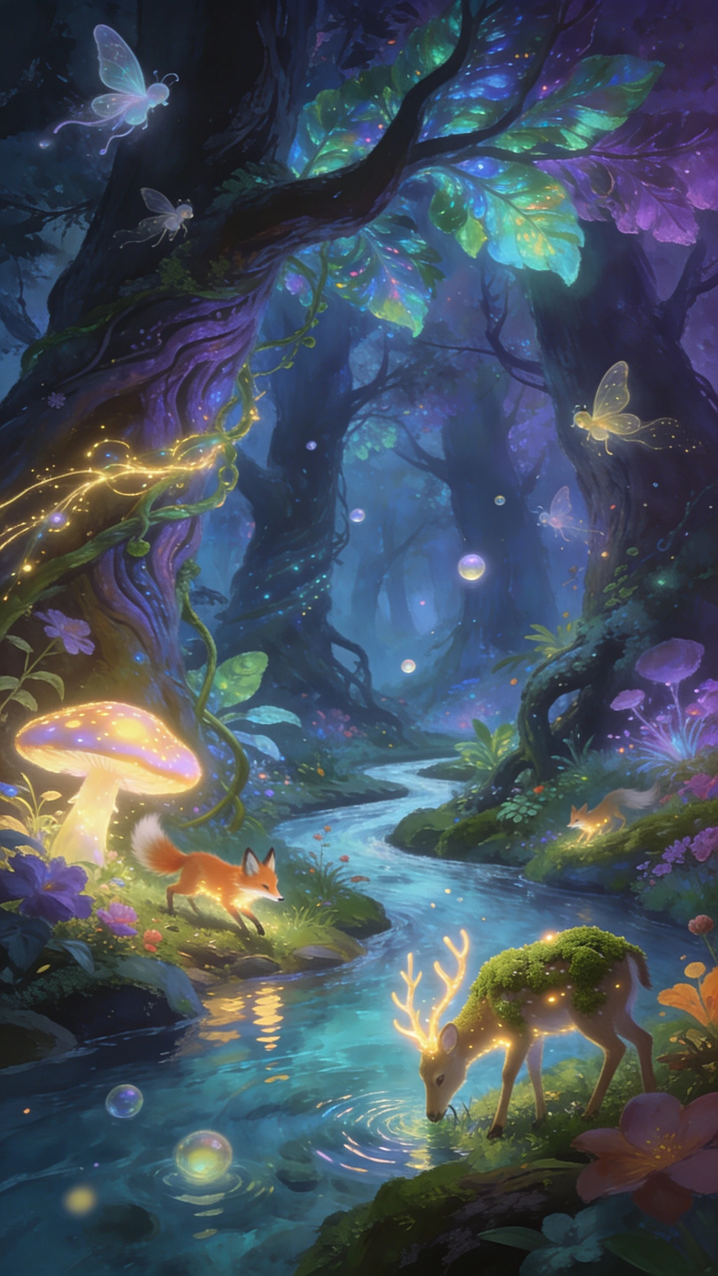 Foresta Fantasy Magica con Creature Luminose e Fiume