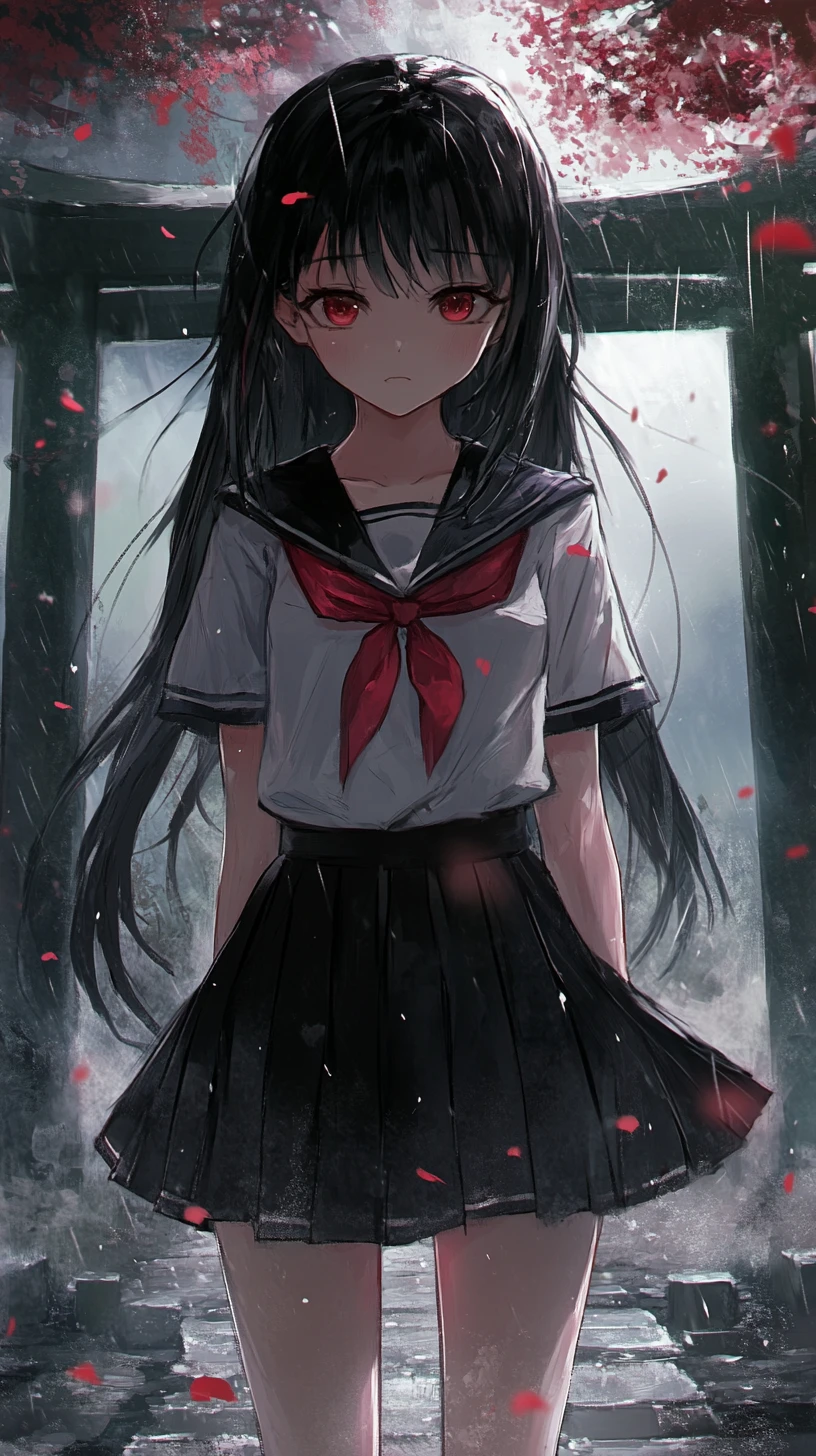 Sad anime girl with long black hair and red eyes