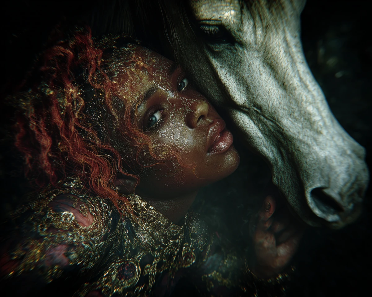 Dark skinned angel amid surreal Japanese wild horse landscape