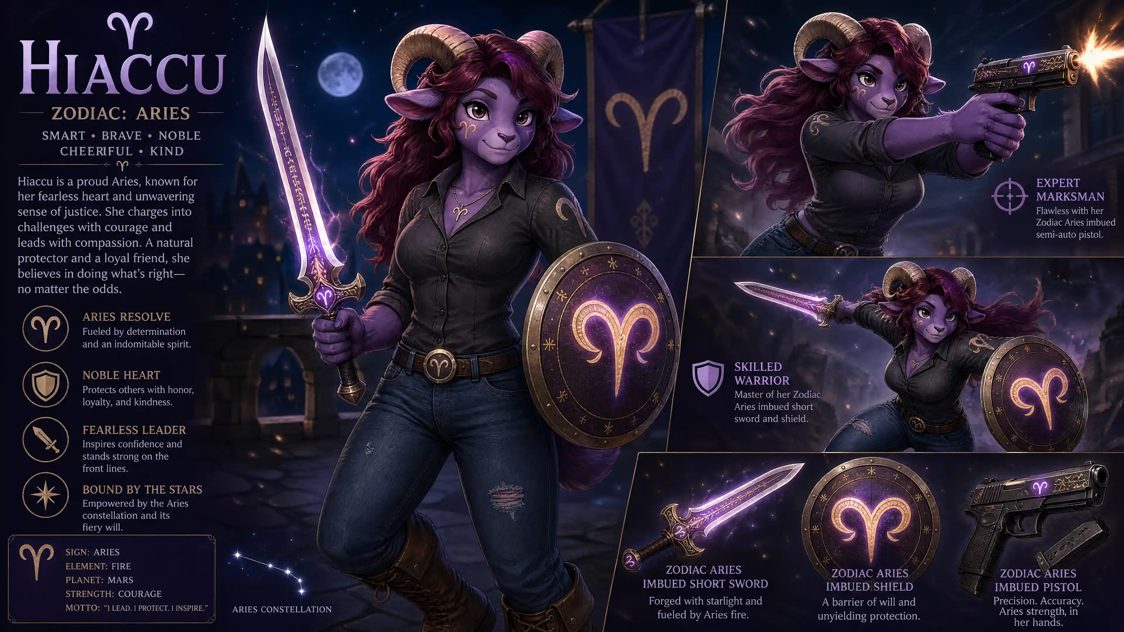 Purple fur aries warrior woman with sword and shield