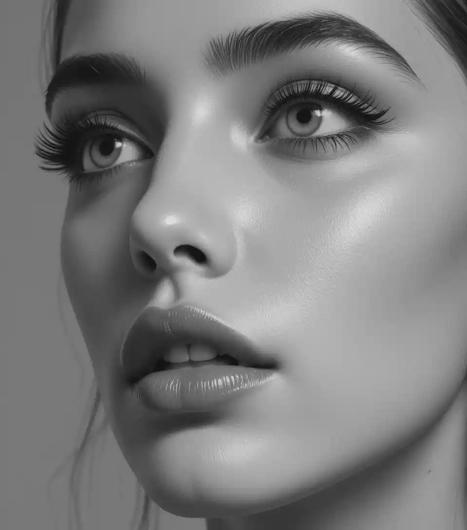 Close up black and white portrait of a young woman