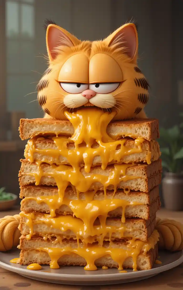 Gatto arancione cartoon che si gusta un alto panino al formaggio grigliato
