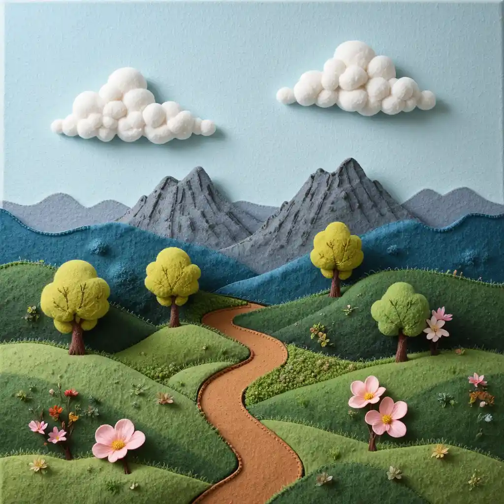 Layered felt landscape with hills trees and large flowers