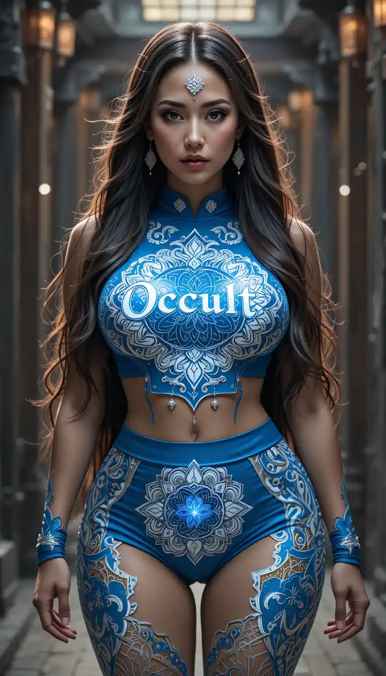 Mongolian woman in neon mandala sportswear outfit