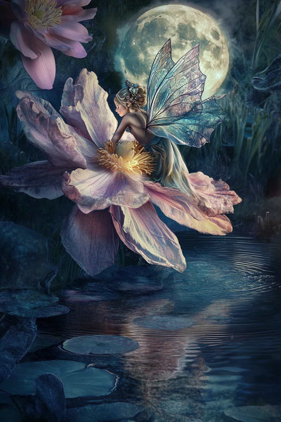 Fairy Resting On A Flower Petal Under Moonlit Sky