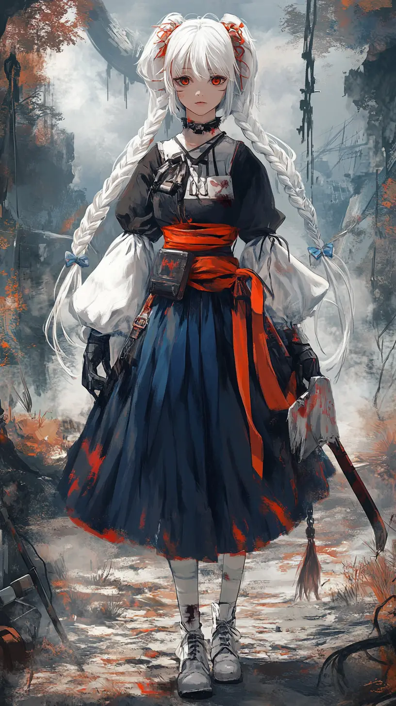 Ragazza anime con katana in una foresta nebbiosa