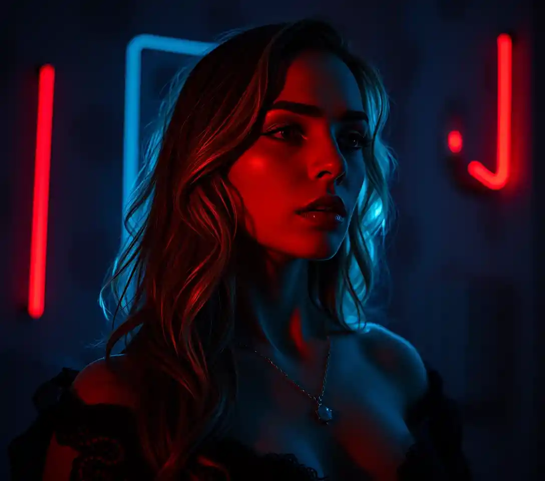 Donna surreale in una notte al neon persa nell’introspezione