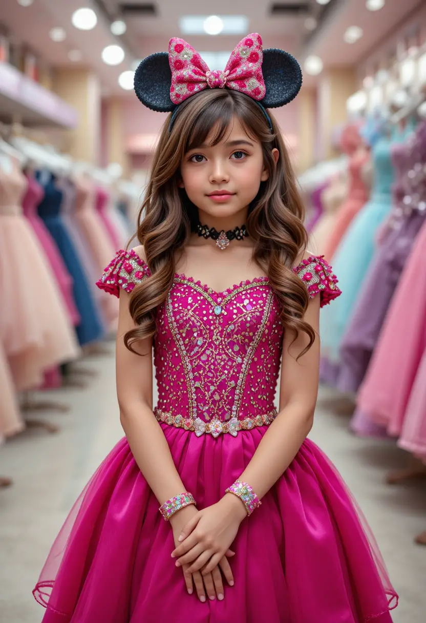 Embarrassed young girl in pink Minnie dress at boutique