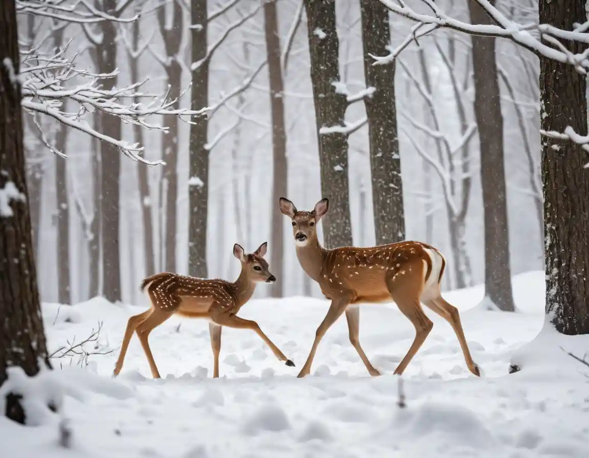 Doe and baby fawn running through snowy winter forest