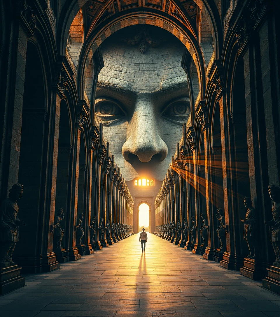 Surreal Cathedral Corridor Forming A Colossal Stone Face