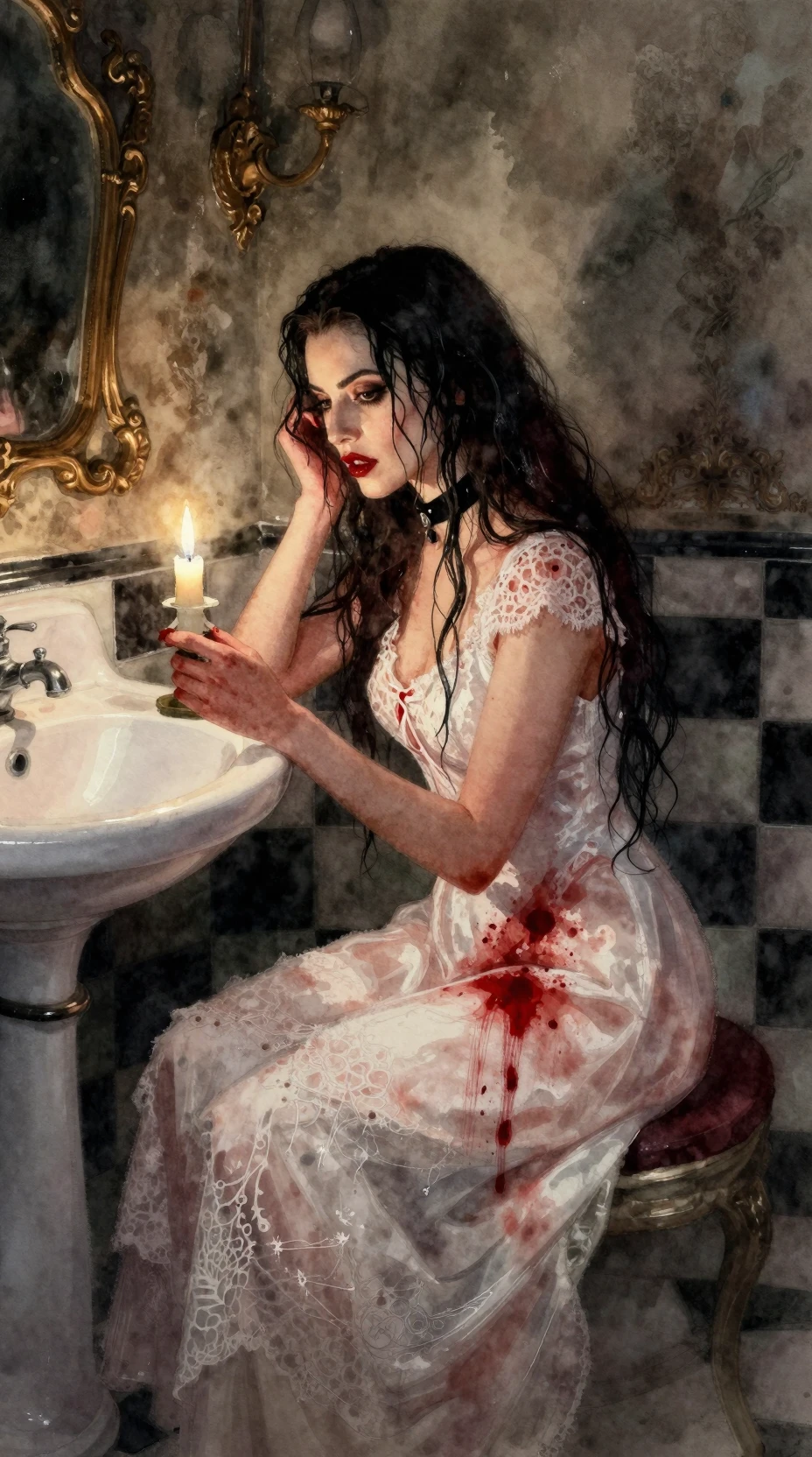 Vampire woman in bloodstained white lace dress by candlelight