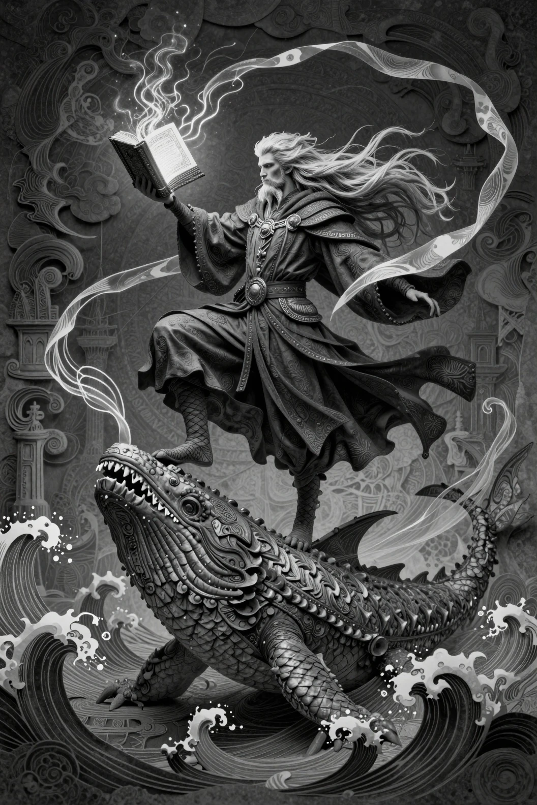 Wizard balancing on leviathan with glowing spellbook