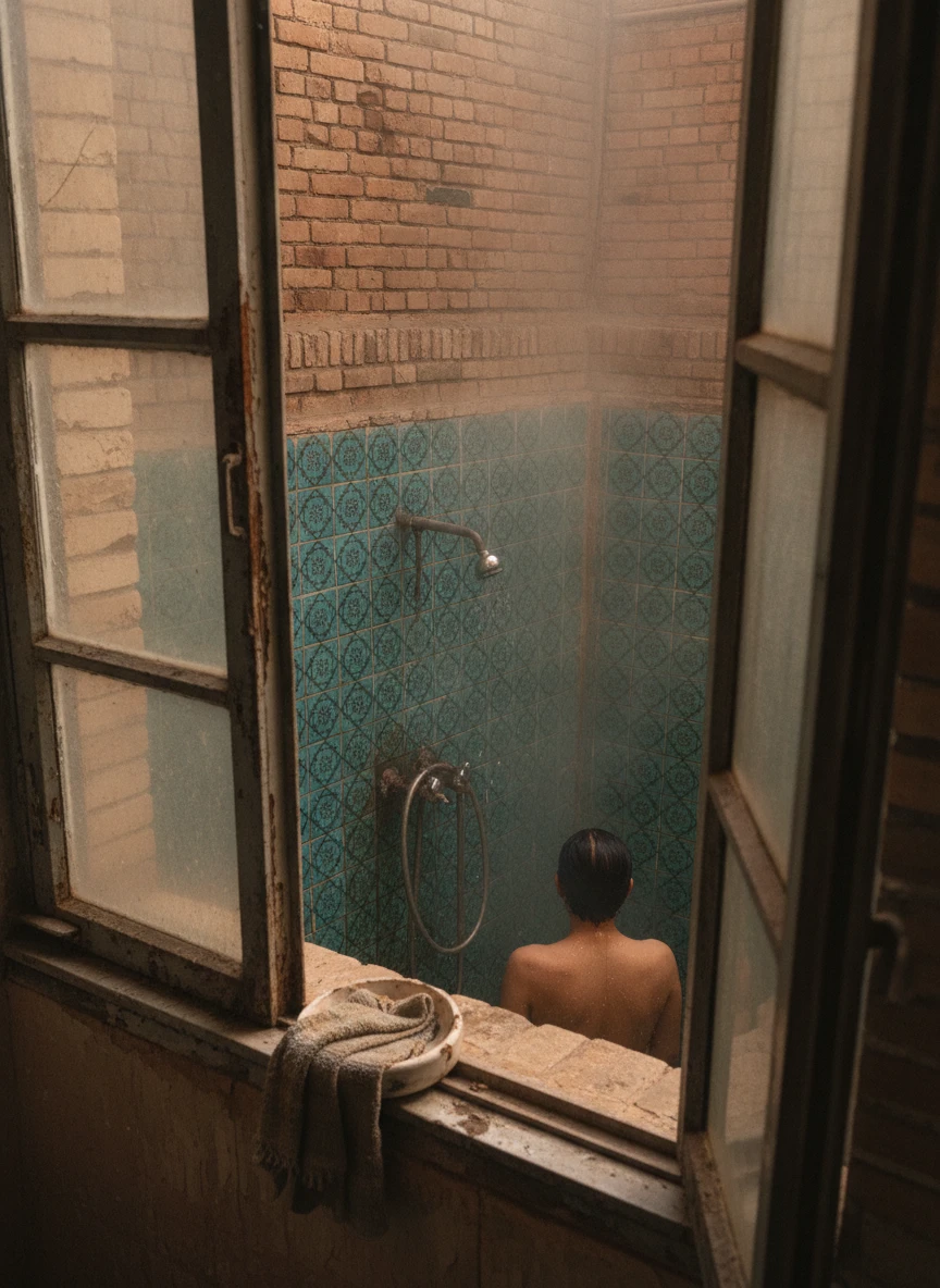Man showering in steamy persian bathhouse seen through window