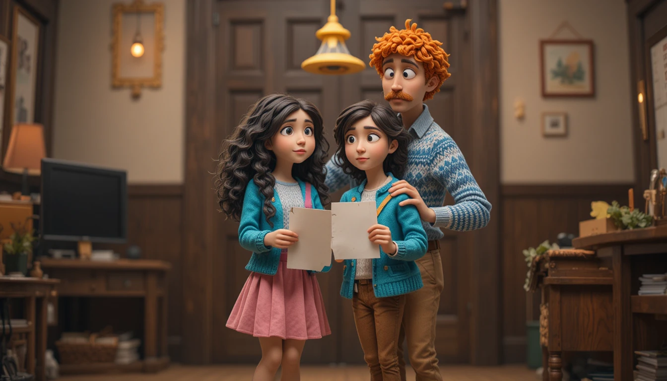 Claymation father and daughter sharing a tender indoor moment